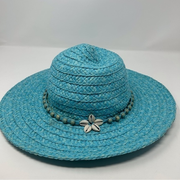 Vintage Light Sky Blue Sun Hat with Genuine Shell Design Summer Vacation Beach - Picture 1 of 15